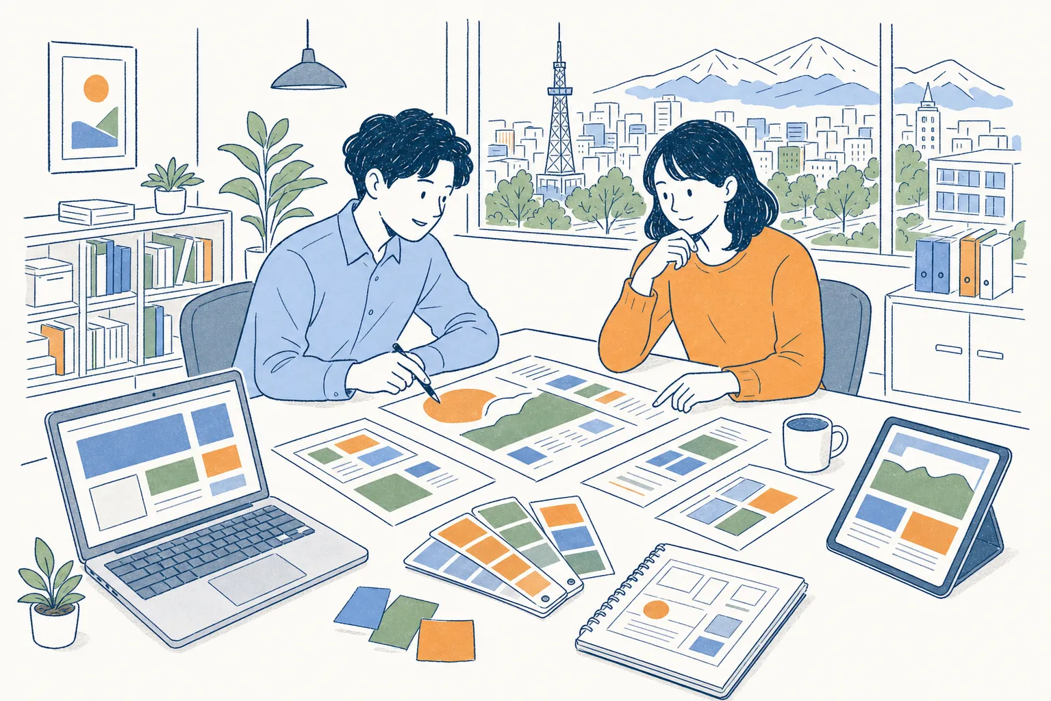 デザイナーと依頼者が印刷物とWeb画面を確認する様子を描いたイラスト