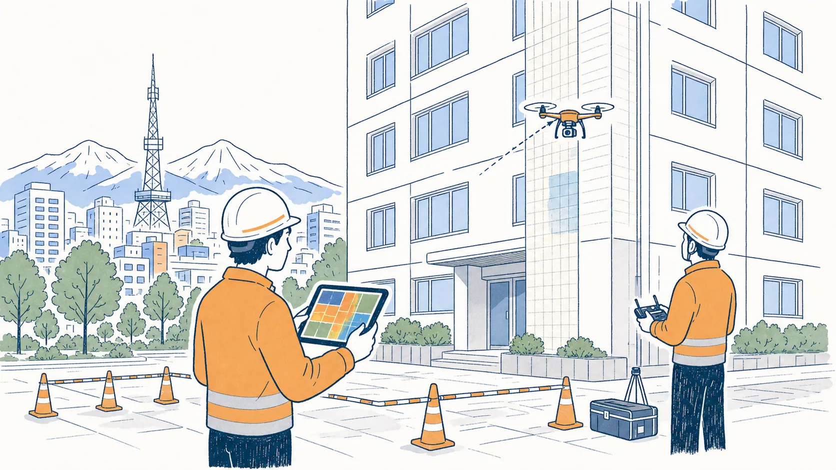 作業員がドローンとタブレットを使って建物外壁を点検する様子を描いたイラスト