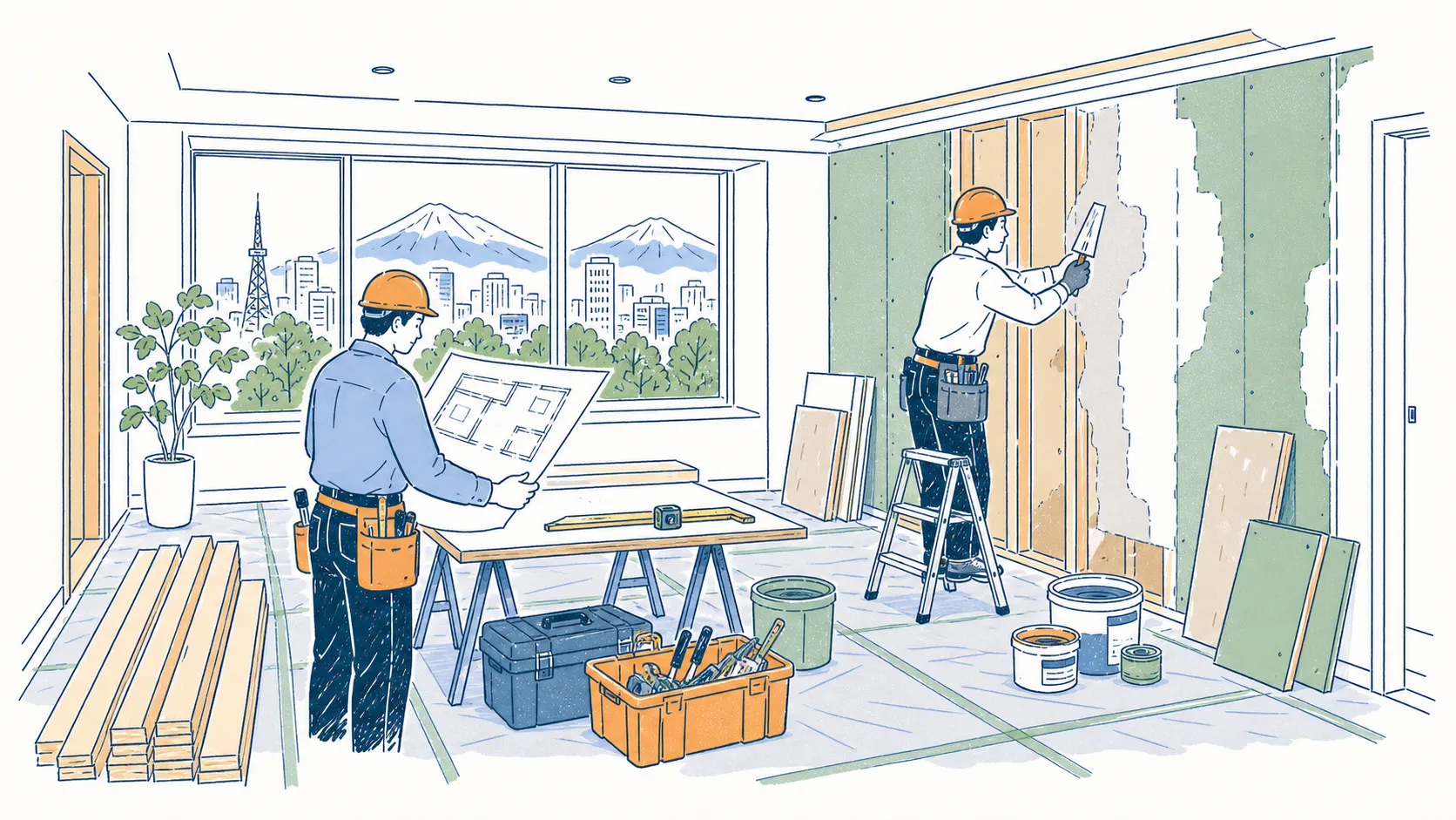 職人が図面を確認しながら室内を修繕する様子を描いたイラスト