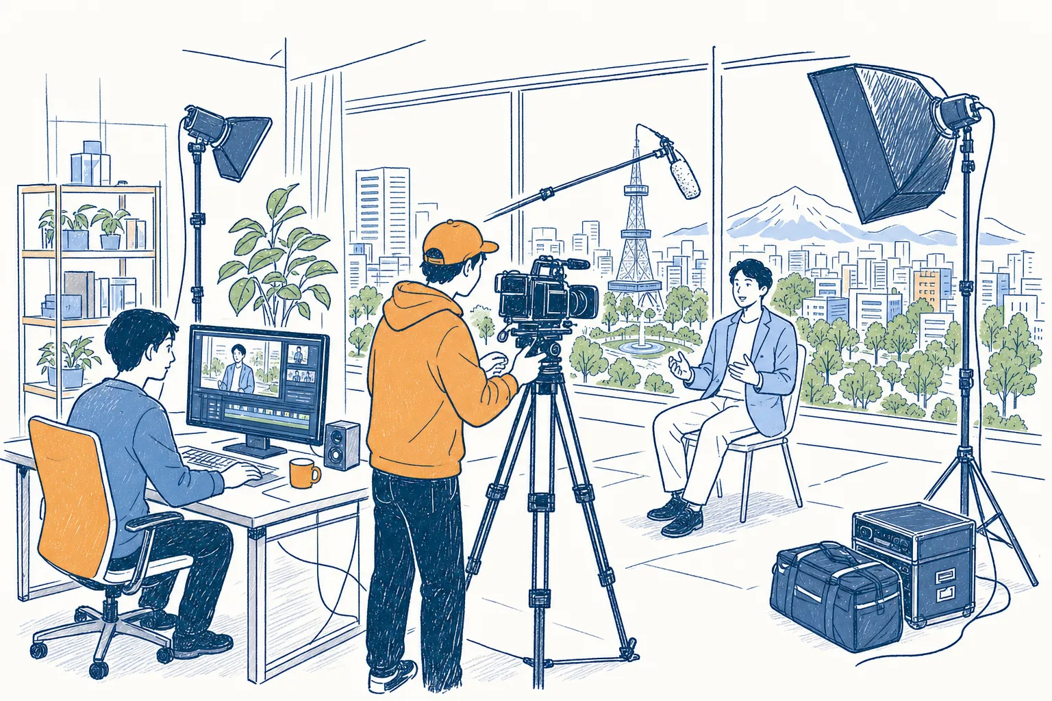 札幌のスタジオでインタビュー撮影と映像編集を行う様子を描いたイラスト